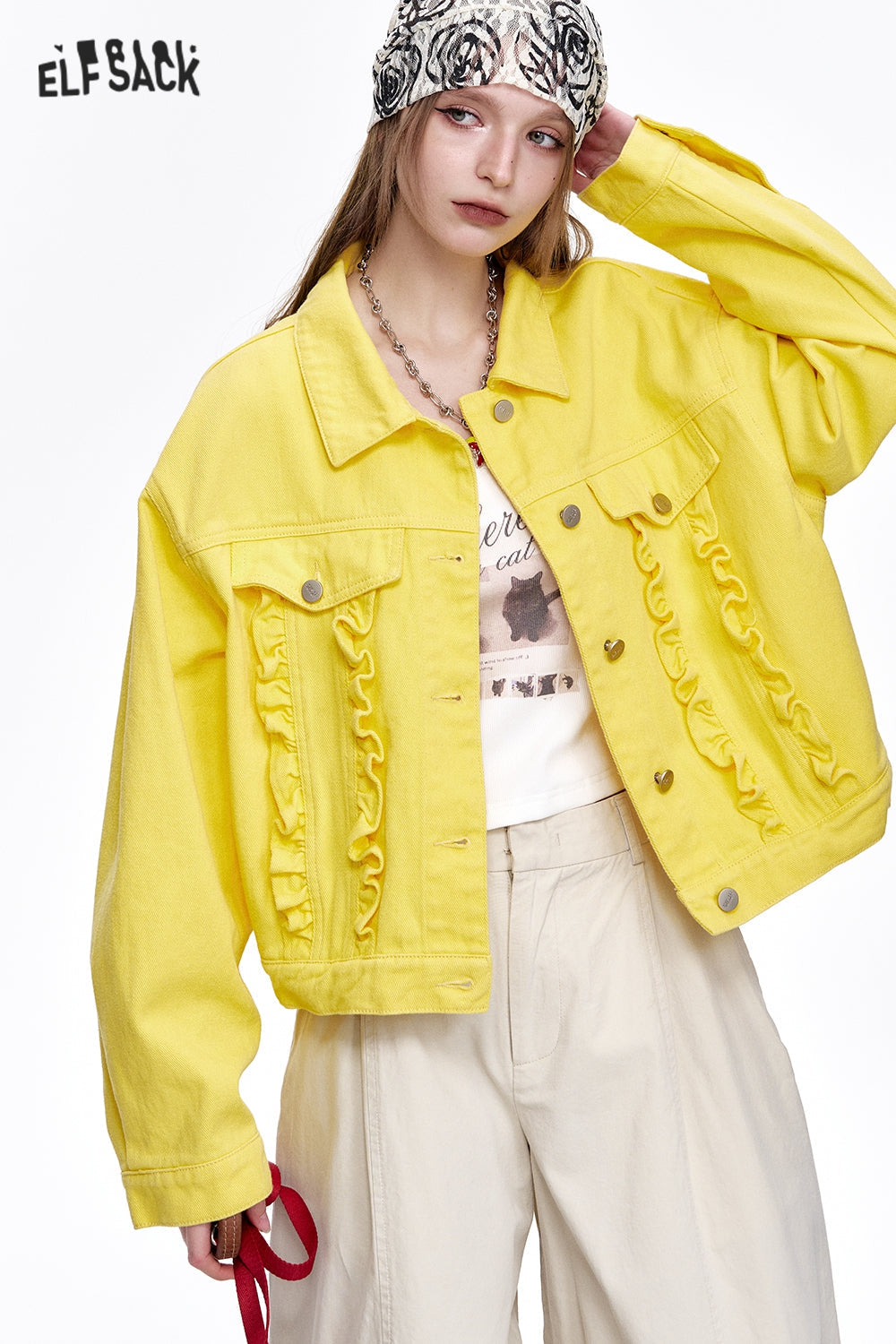 ELFSACK Y2K Washed Ruffles Short Denim Jacket Women Button Up Cropped Womens Lightweight Coats