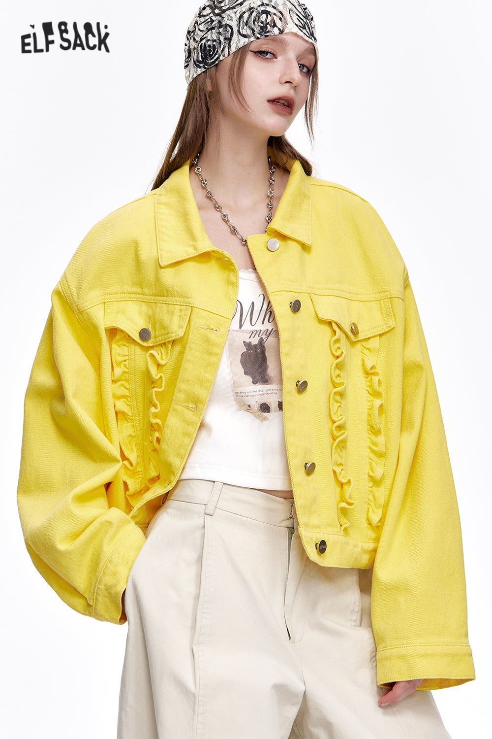 ELFSACK Y2K Washed Ruffles Short Denim Jacket Women Button Up Cropped Womens Lightweight Coats