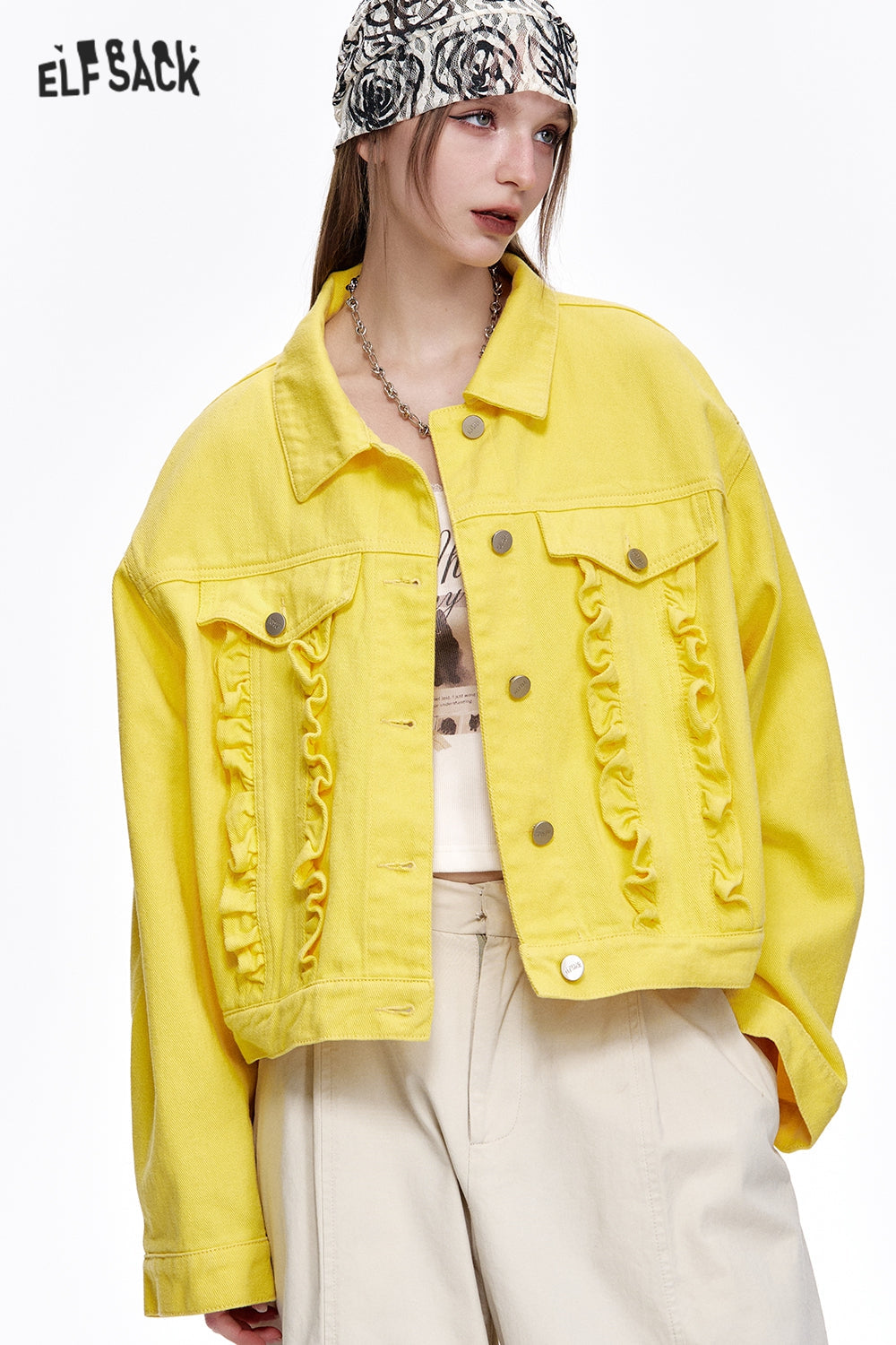 ELFSACK Y2K Washed Ruffles Short Denim Jacket Women Button Up Cropped Womens Lightweight Coats