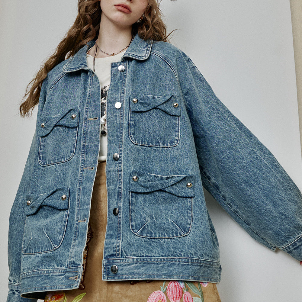 ELFSACK 2025 Spring New Arrivals Vintage Single Breasted Pockets Blue Denim Jacket Women