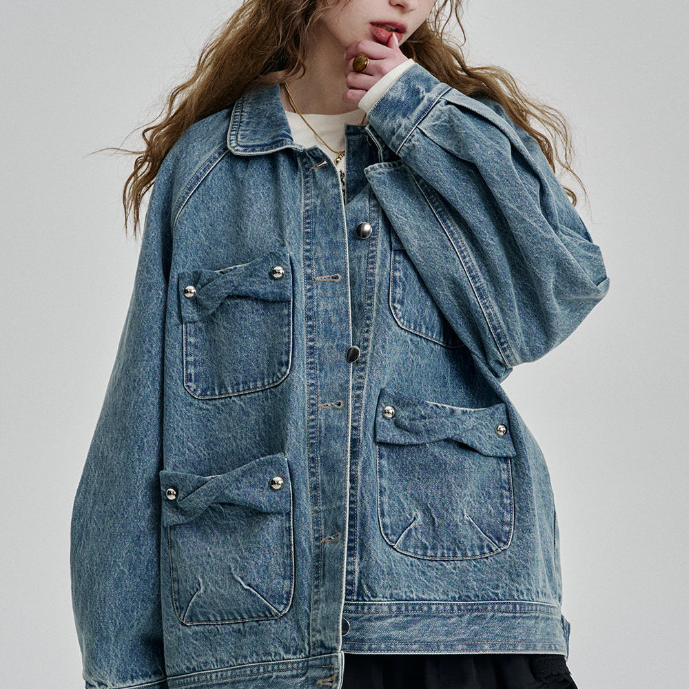 ELFSACK 2025 Spring New Arrivals Vintage Single Breasted Pockets Blue Denim Jacket Women