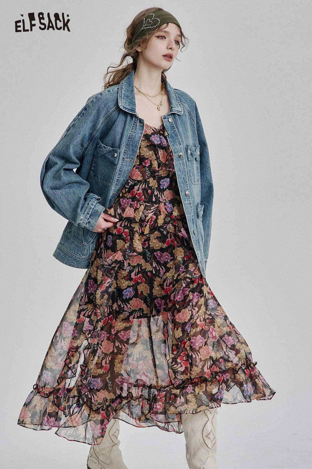 ELFSACK Vintage Single Breasted Pockets Blue Denim Jacket Women