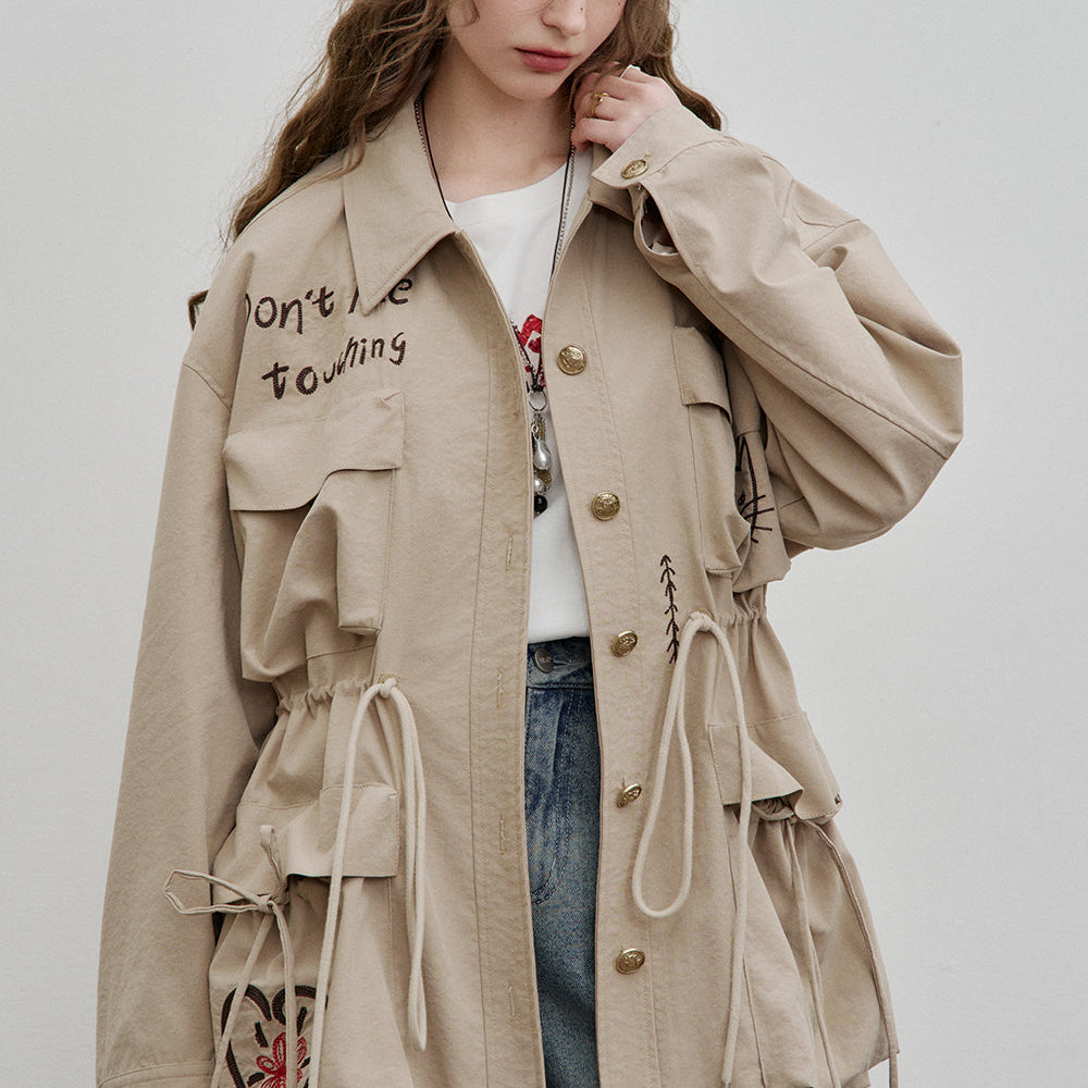 ELFSACK 2025 Spring New Arrivals Loose Casual Embroidery Mid-Length Jacket Women Drawstring Single-Breasted Top