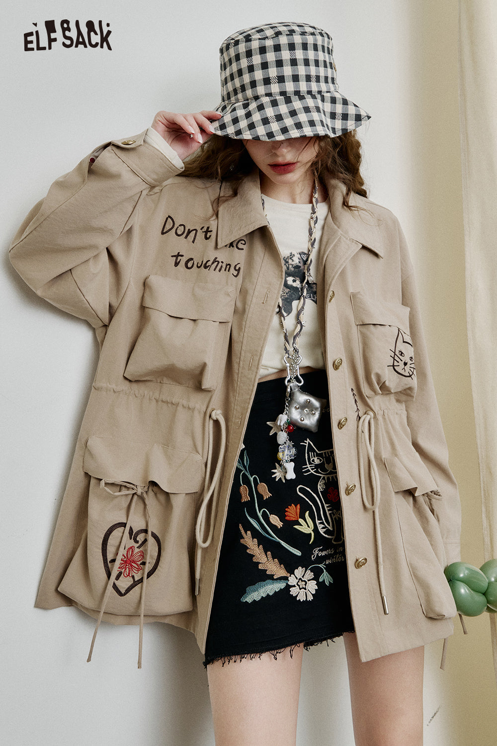 ELFSACK Loose Casual Embroidery Mid-Length Jacket Women Drawstring Single-Breasted Top