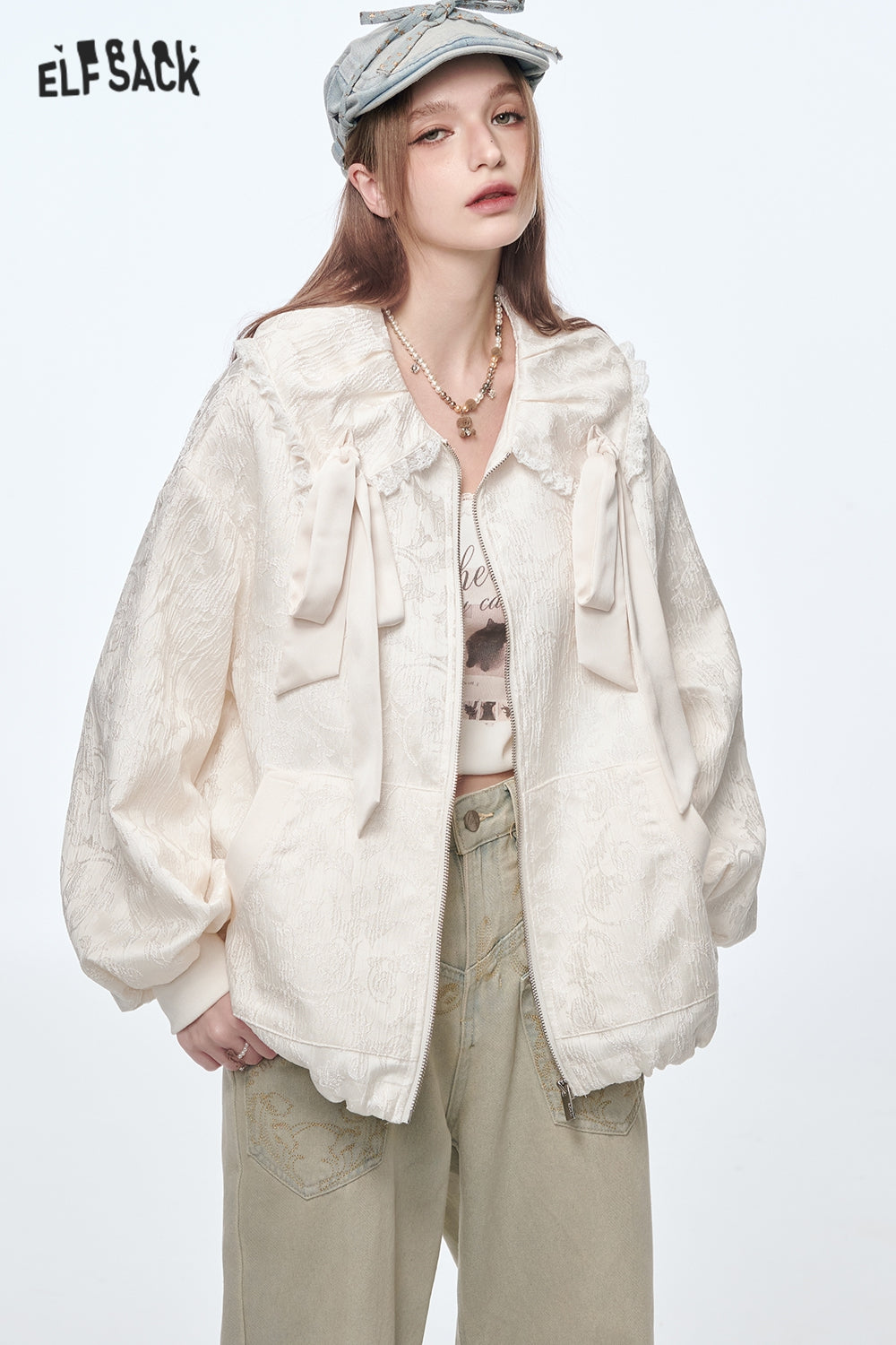 ELFSACK White Bow Lace Stitching Peter Pan Collar Loose Jacket