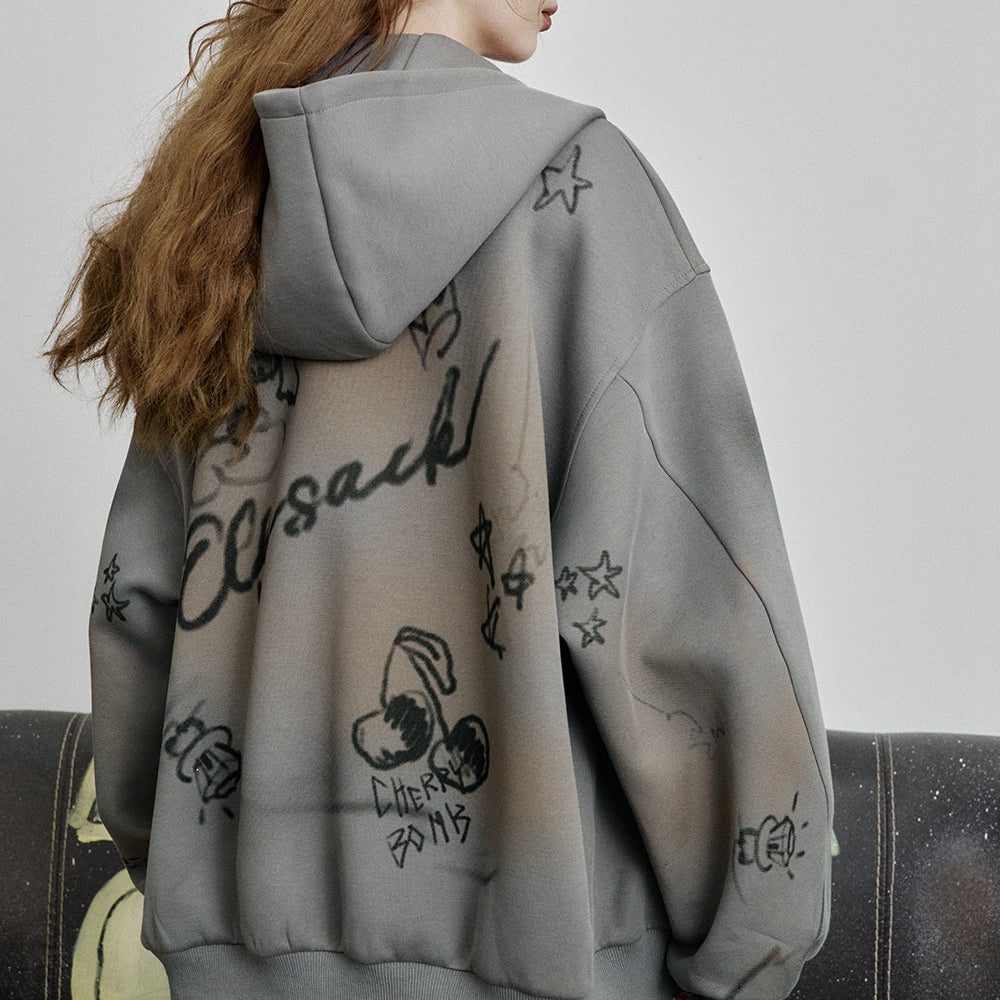 ELFSACK 2025 Spring New Arrivals Sweet and Cool Printed Grey Zip-up Hooded Sweatshirt Women