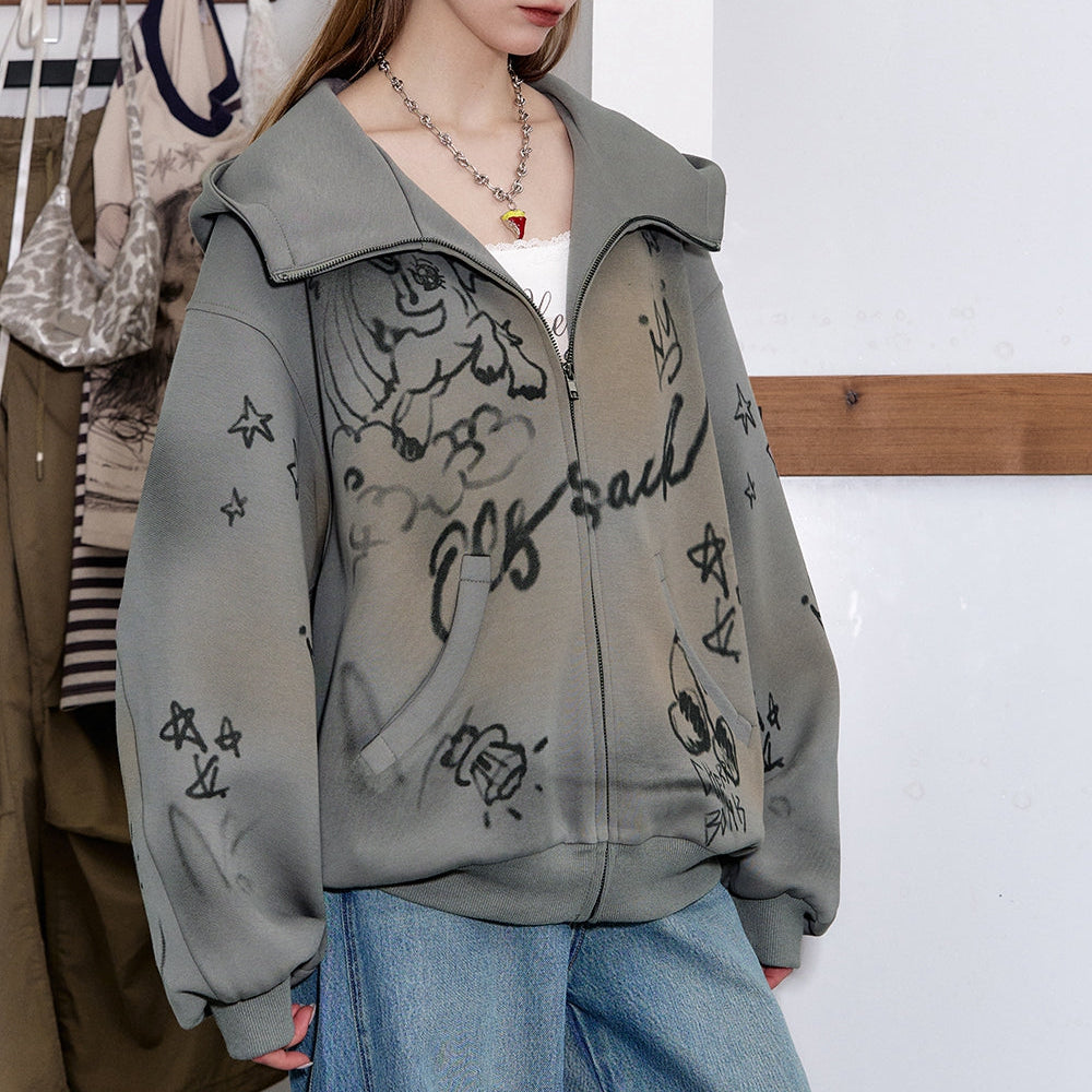 
                  
                    ELFSACK 2025 Spring New Arrivals Sweet and Cool Printed Grey Zip-up Hooded Sweatshirt Women
                  
                