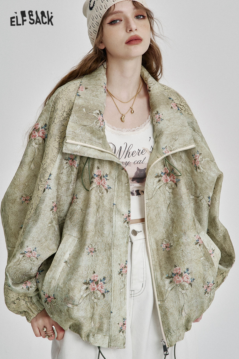 ELFSACK Elegant lace floral print loose short jacket