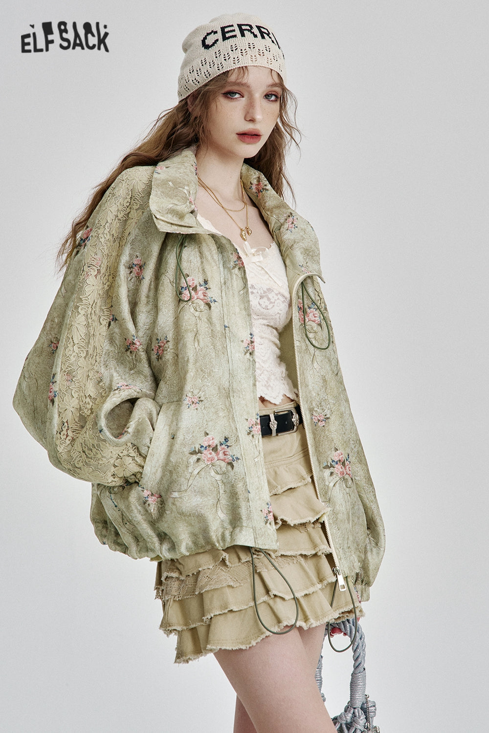ELFSACK Elegant lace floral print loose short jacket
