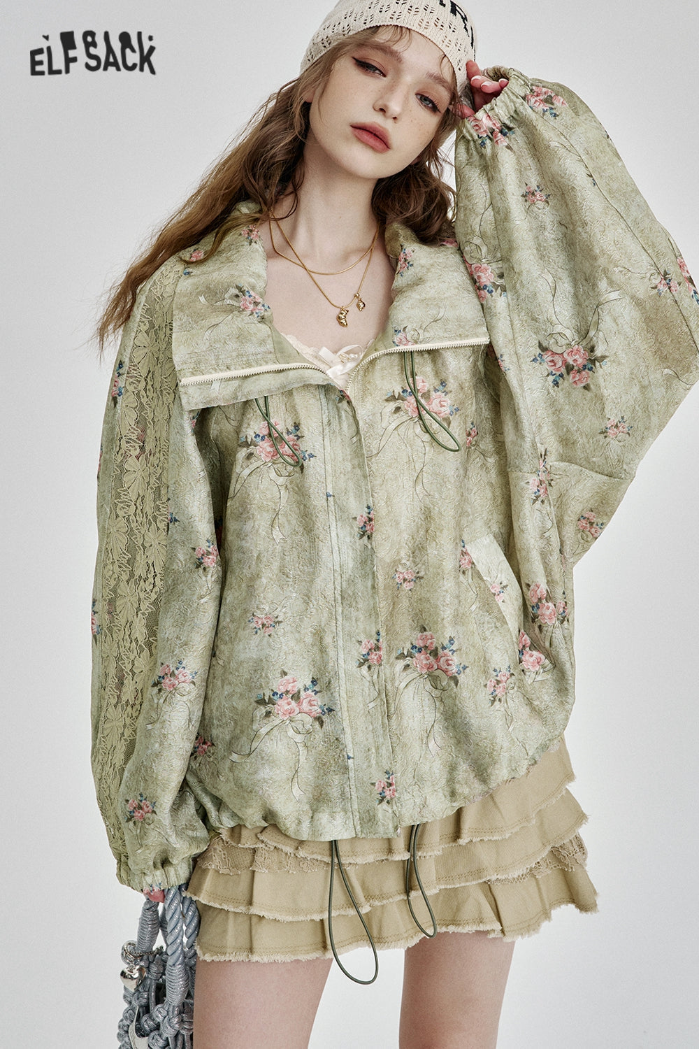 ELFSACK Elegant lace floral print loose short jacket