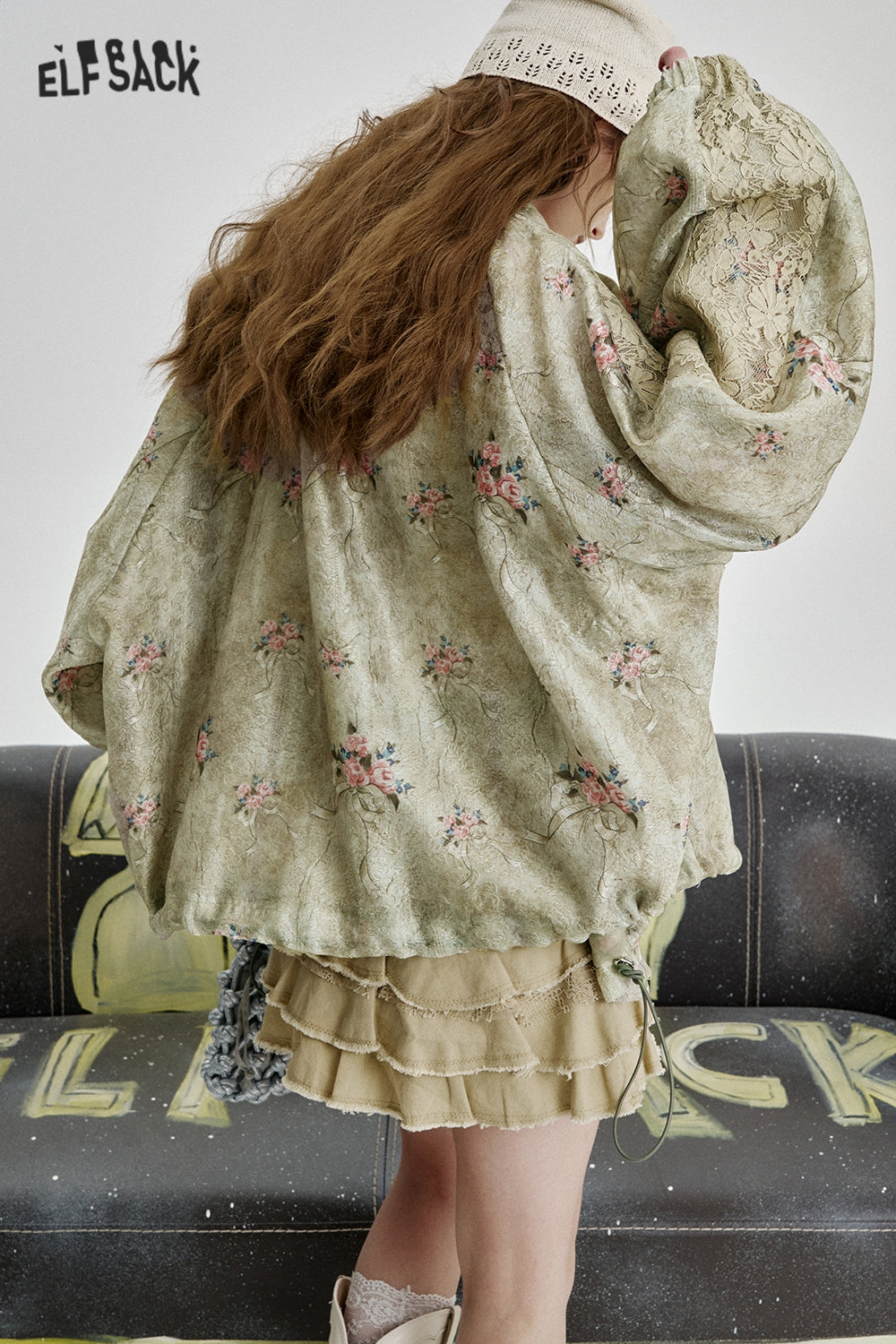 ELFSACK Elegant lace floral print loose short jacket