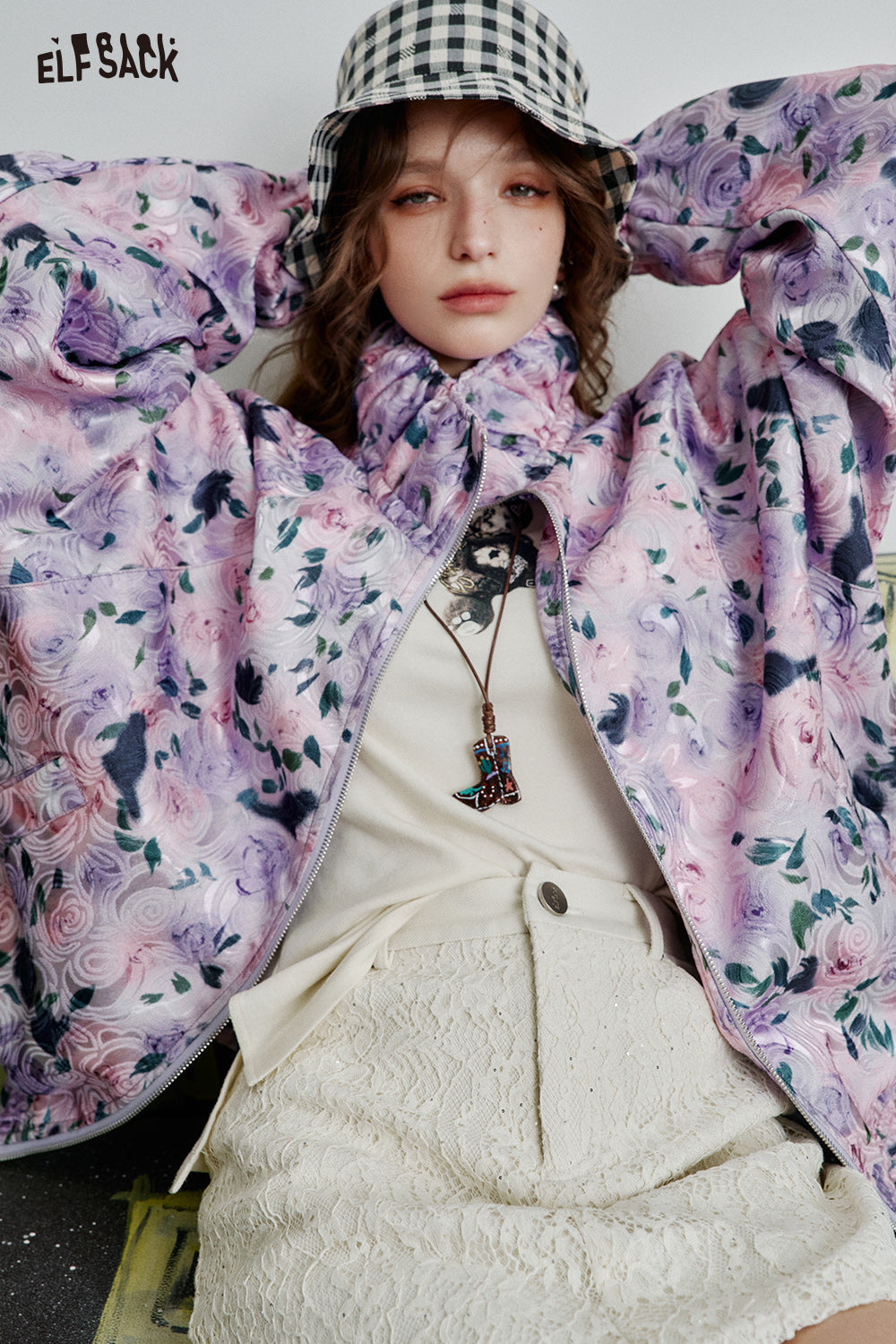 ELFSACK Stand collar all over print flowers lace patchwork jacket women casual purple zipper long sleeve tops