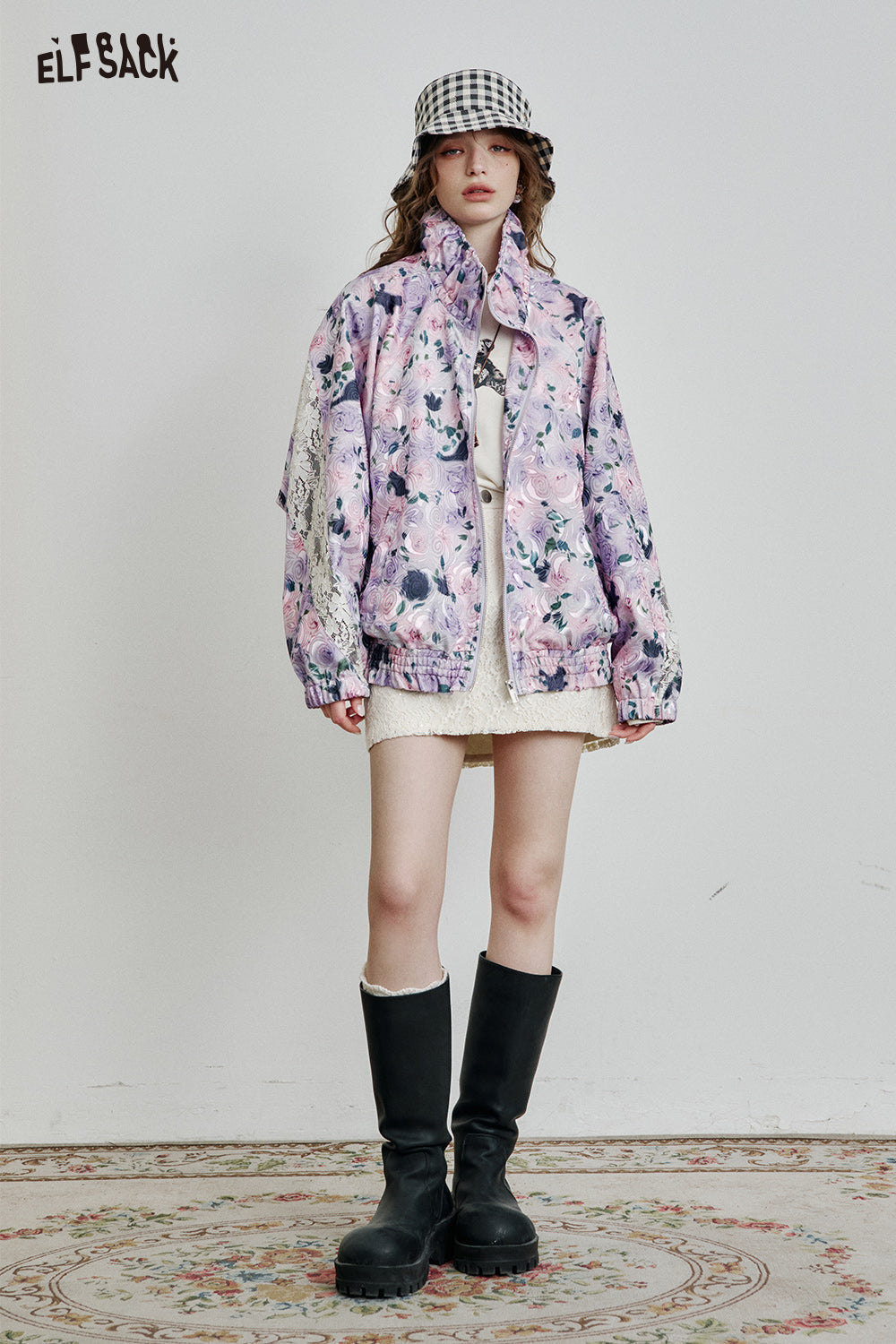 ELFSACK Stand collar all over print flowers lace patchwork jacket women casual purple zipper long sleeve tops