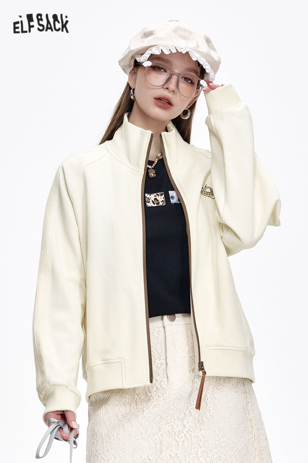ELFSACK Original embroidery lace patchwork jacket retro sports casual tops
