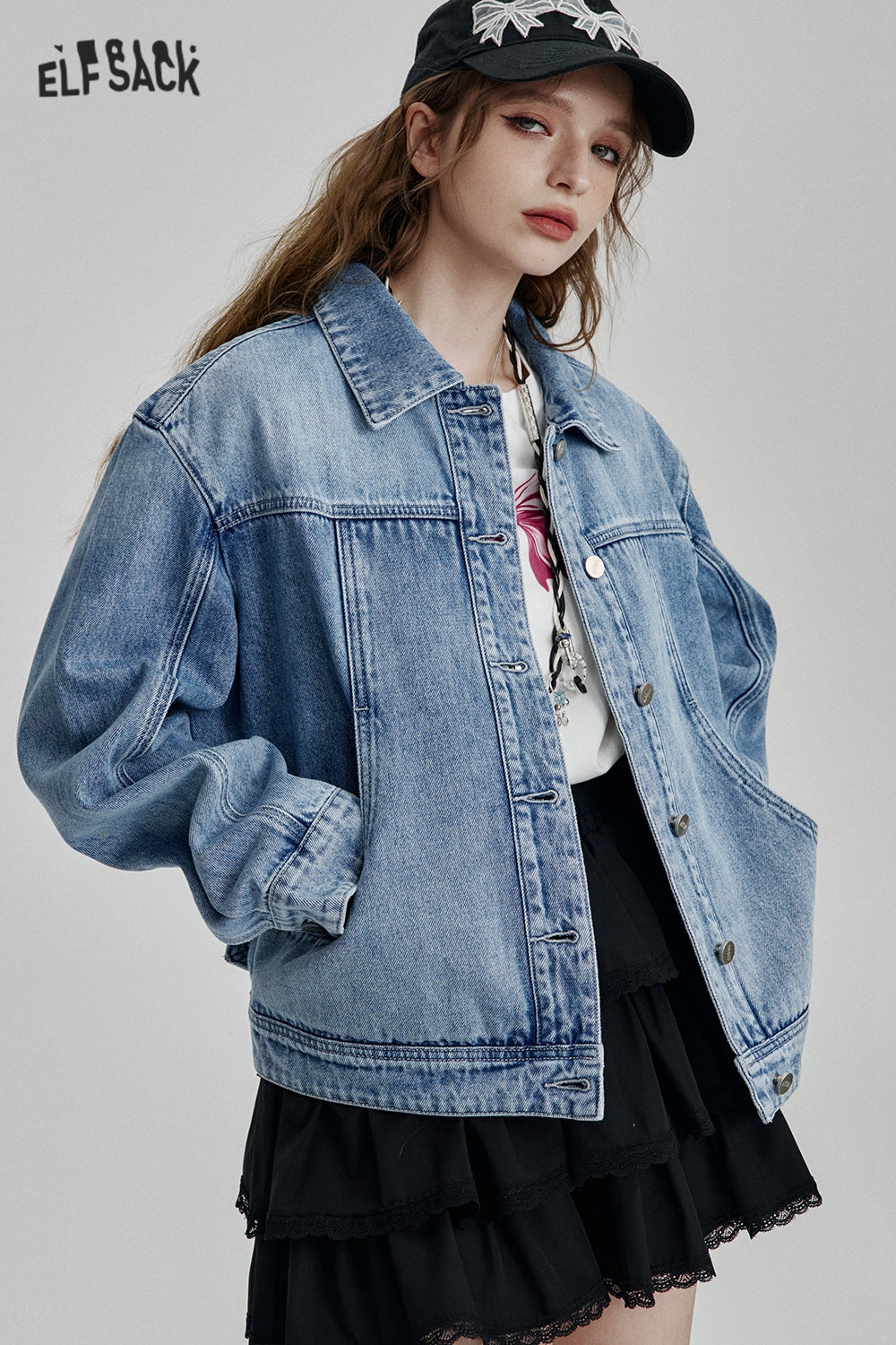 ELFSACK Casual Blue Single Breasted Short Washed Denim Jacket Women
