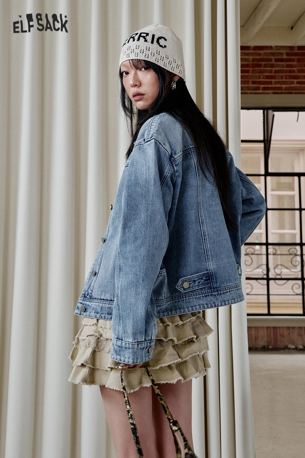ELFSACK Casual Blue Single Breasted Short Washed Denim Jacket Women