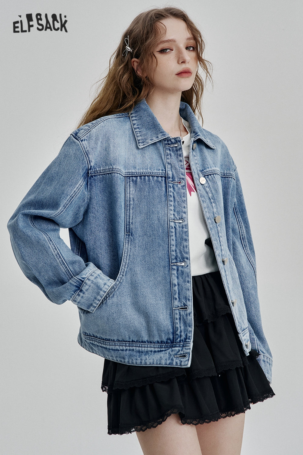 ELFSACK Casual Blue Single Breasted Short Washed Denim Jacket Women