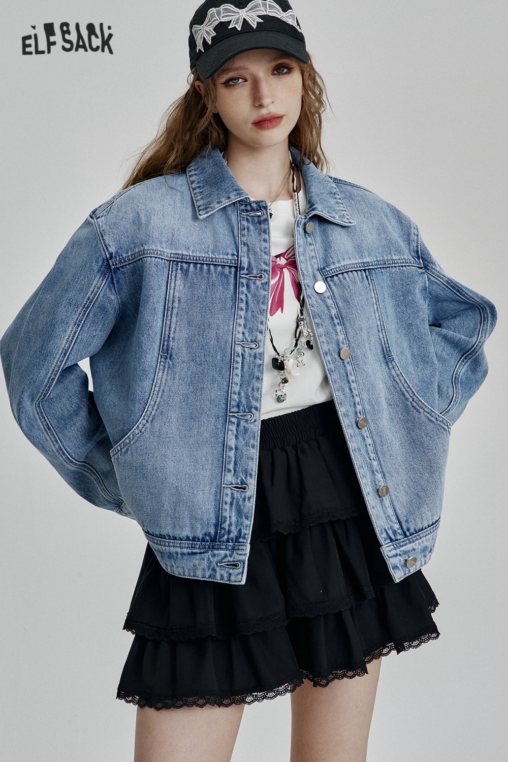 ELFSACK Casual Blue Single Breasted Short Washed Denim Jacket Women