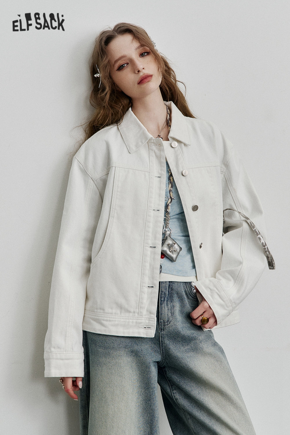 ELFSACK Casual Blue Single Breasted Short Washed Denim Jacket Women