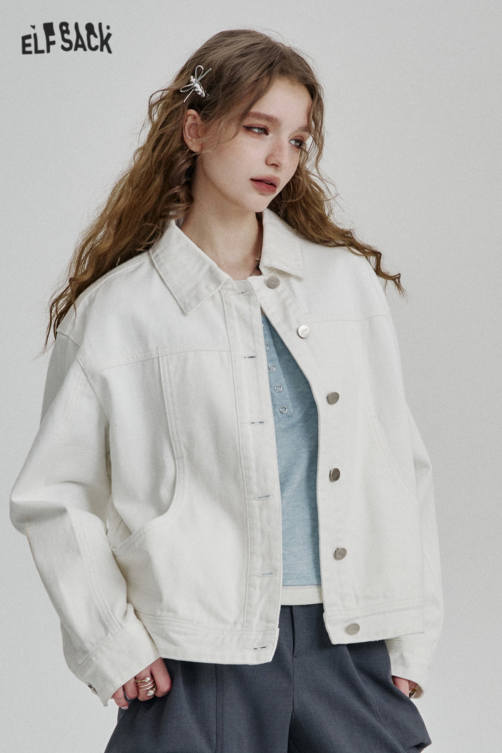 ELFSACK Casual Blue Single Breasted Short Washed Denim Jacket Women
