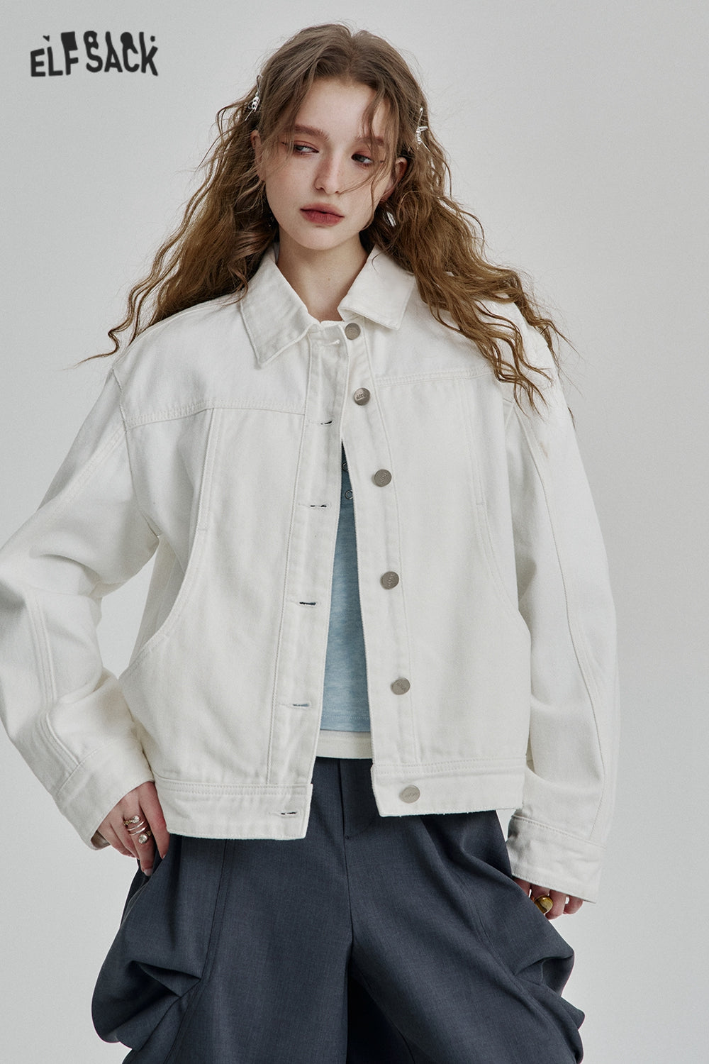 ELFSACK Casual Blue Single Breasted Short Washed Denim Jacket Women