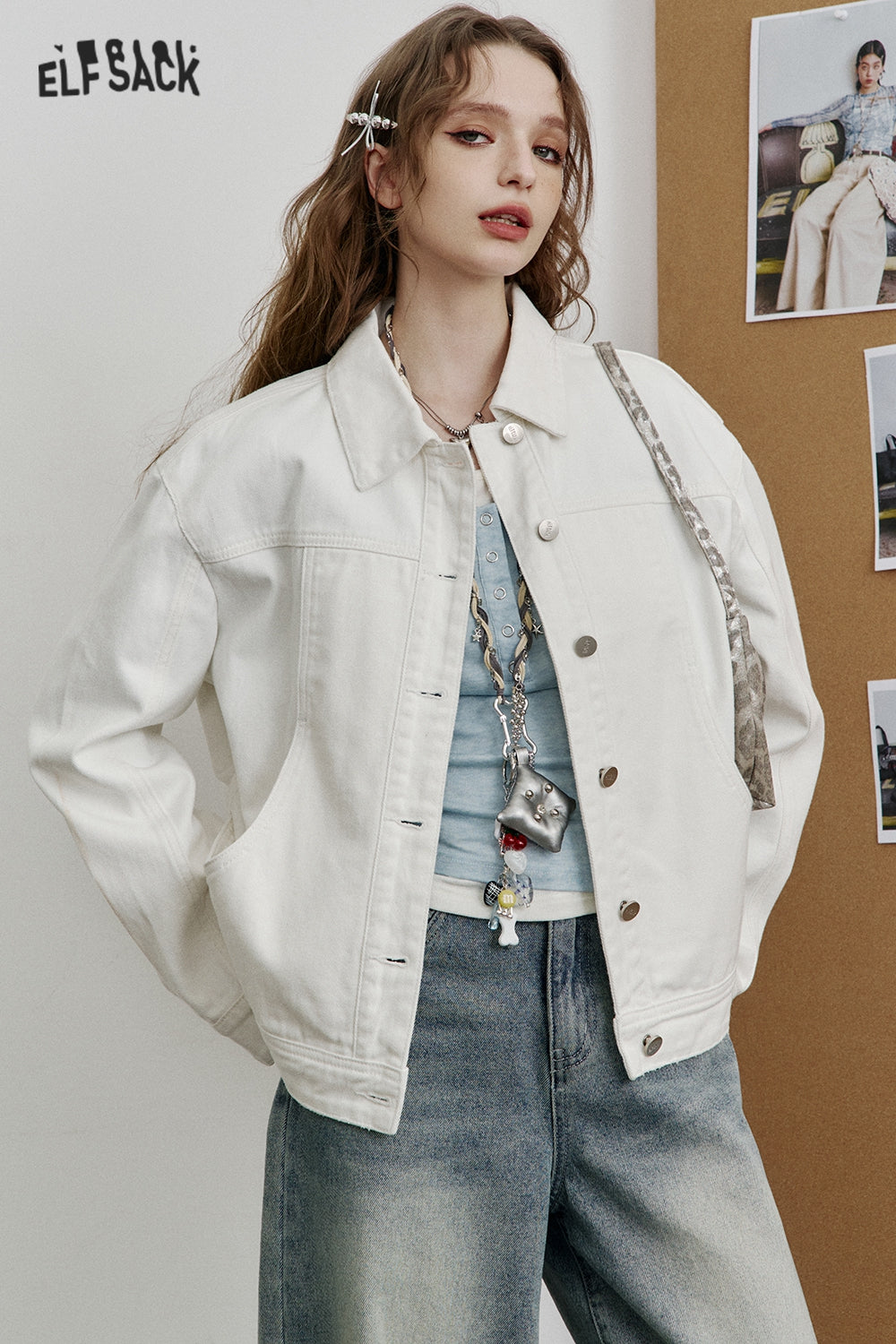ELFSACK Casual Blue Single Breasted Short Washed Denim Jacket Women