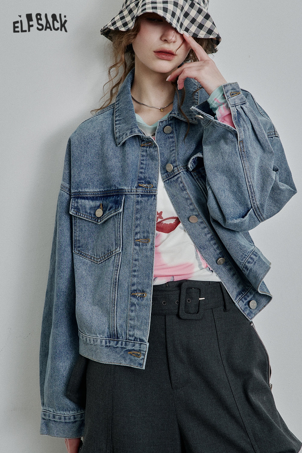 ELFSACK Retro Original Print Short Denim Jacket Women Trendy Casual Top