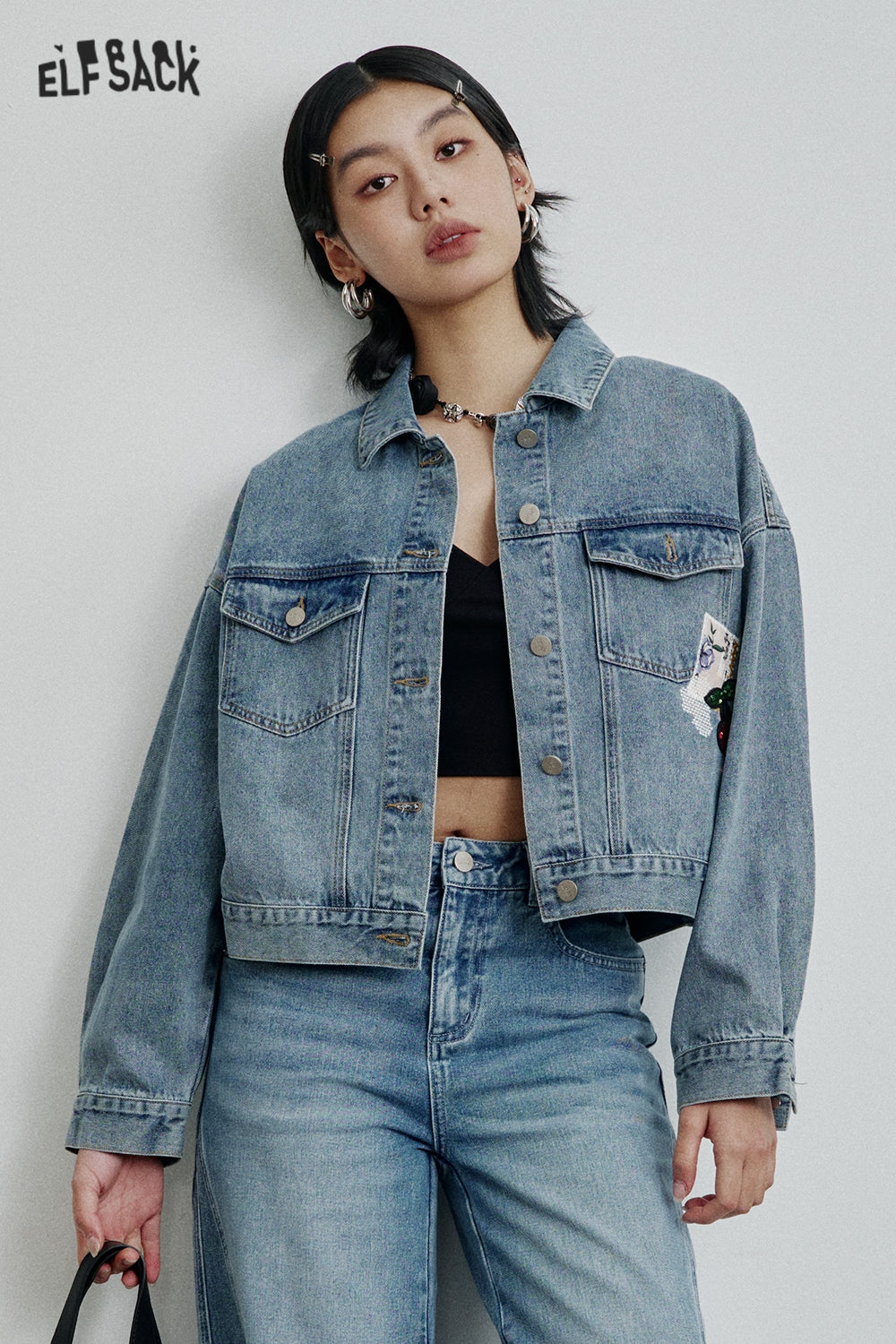 ELFSACK Retro Original Print Short Denim Jacket Women Trendy Casual Top
