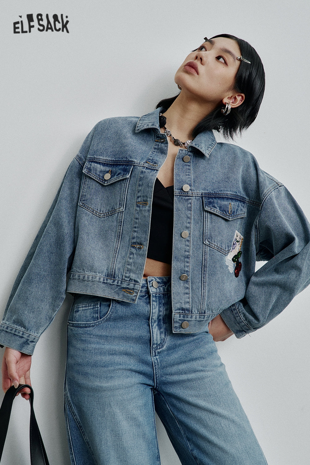 ELFSACK Retro Original Print Short Denim Jacket Women Trendy Casual Top