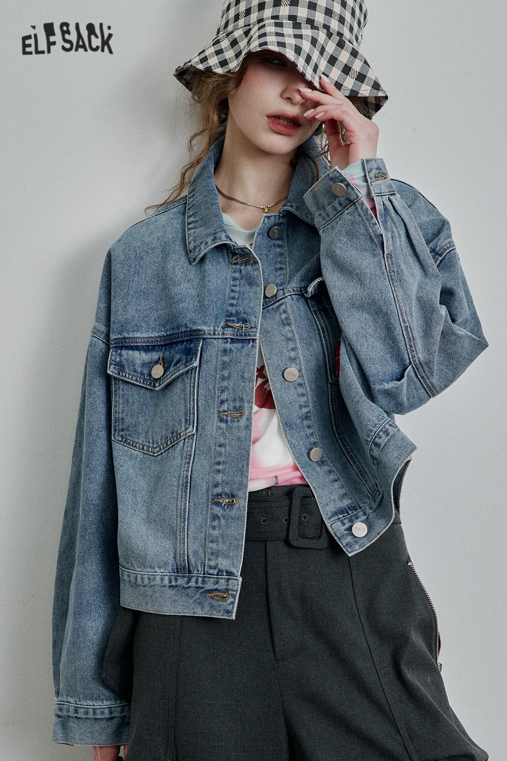 ELFSACK Retro Original Print Short Denim Jacket Women Trendy Casual Top