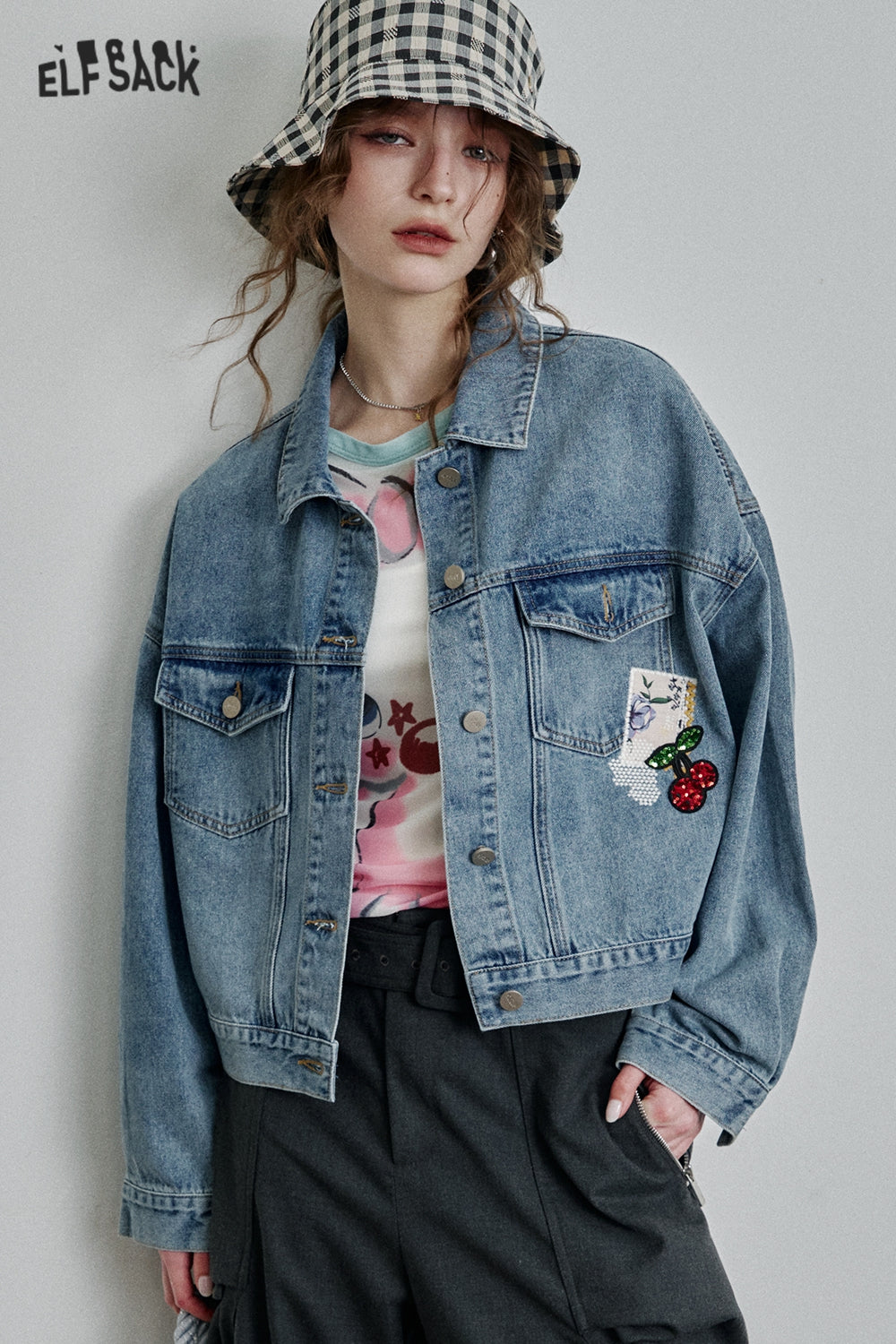 ELFSACK Retro Original Print Short Denim Jacket Women Trendy Casual Top