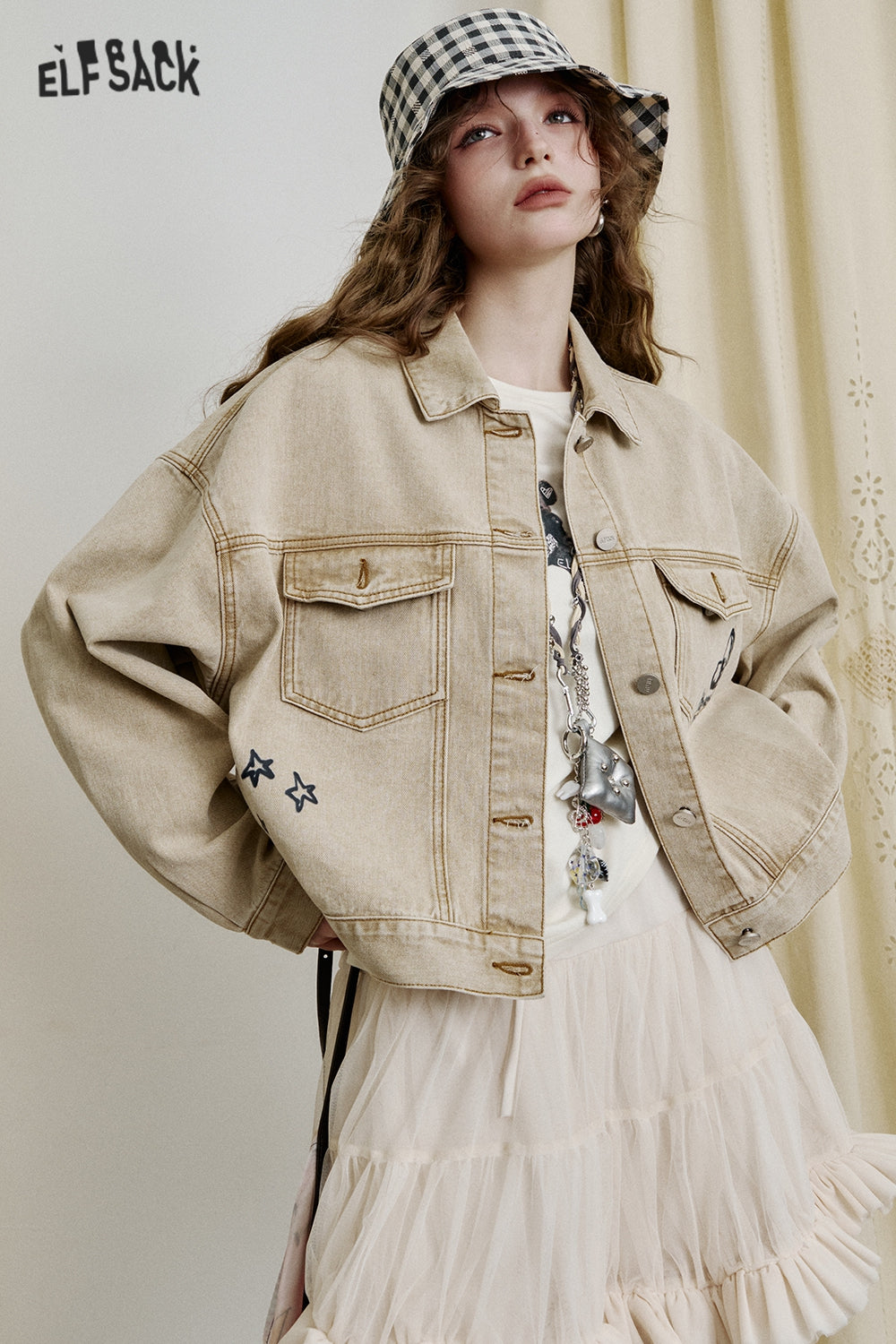 ELFSACK Retro Original Print Short Denim Jacket Women Trendy Casual Top