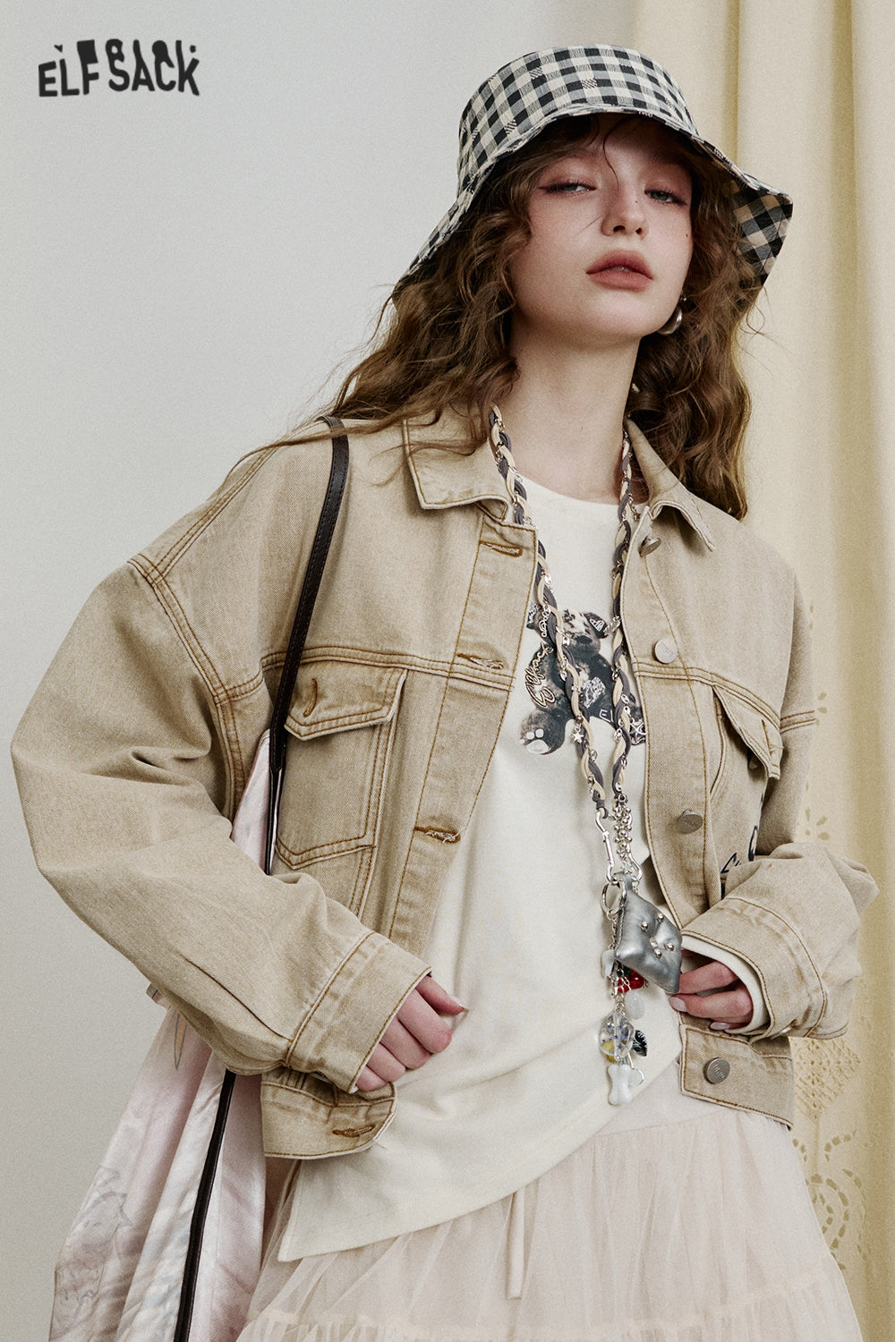 ELFSACK Retro Original Print Short Denim Jacket Women Trendy Casual Top