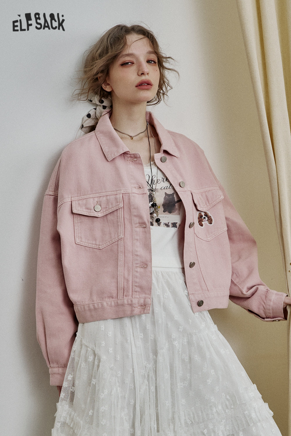ELFSACK Retro Original Print Short Denim Jacket Women Trendy Casual Top