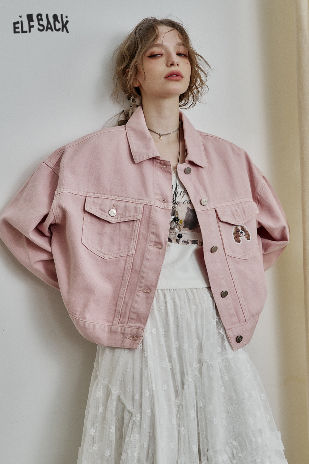 ELFSACK Retro Original Print Short Denim Jacket Women Trendy Casual Top