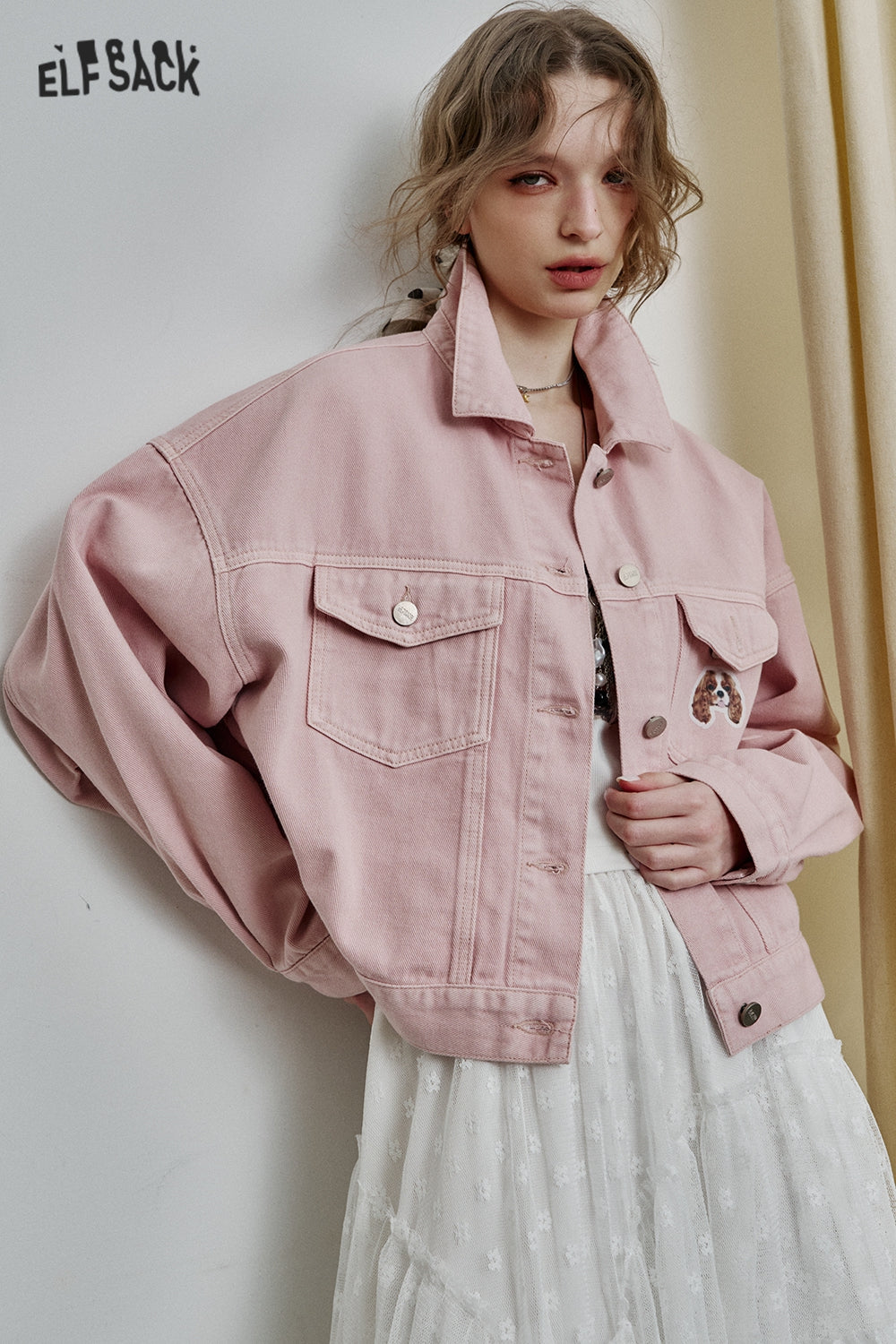 ELFSACK Retro Original Print Short Denim Jacket Women Trendy Casual Top