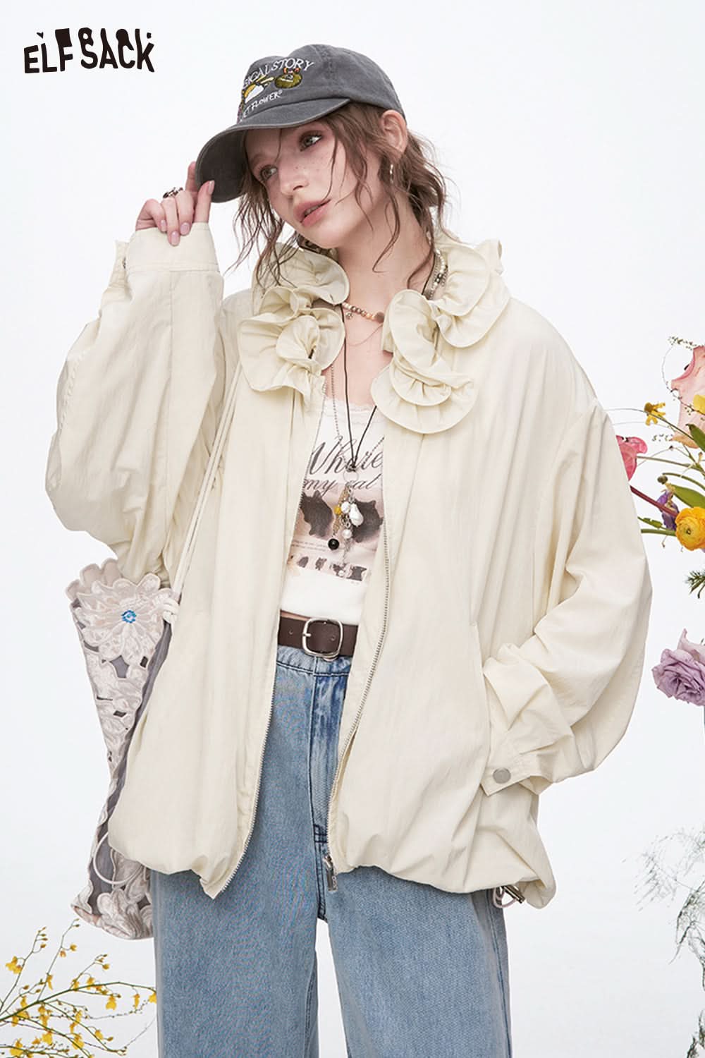 ELFSACK Y2K Ruffles Collar Casual Loose Jacket Women Sweet Solid Long Sleeve Tops