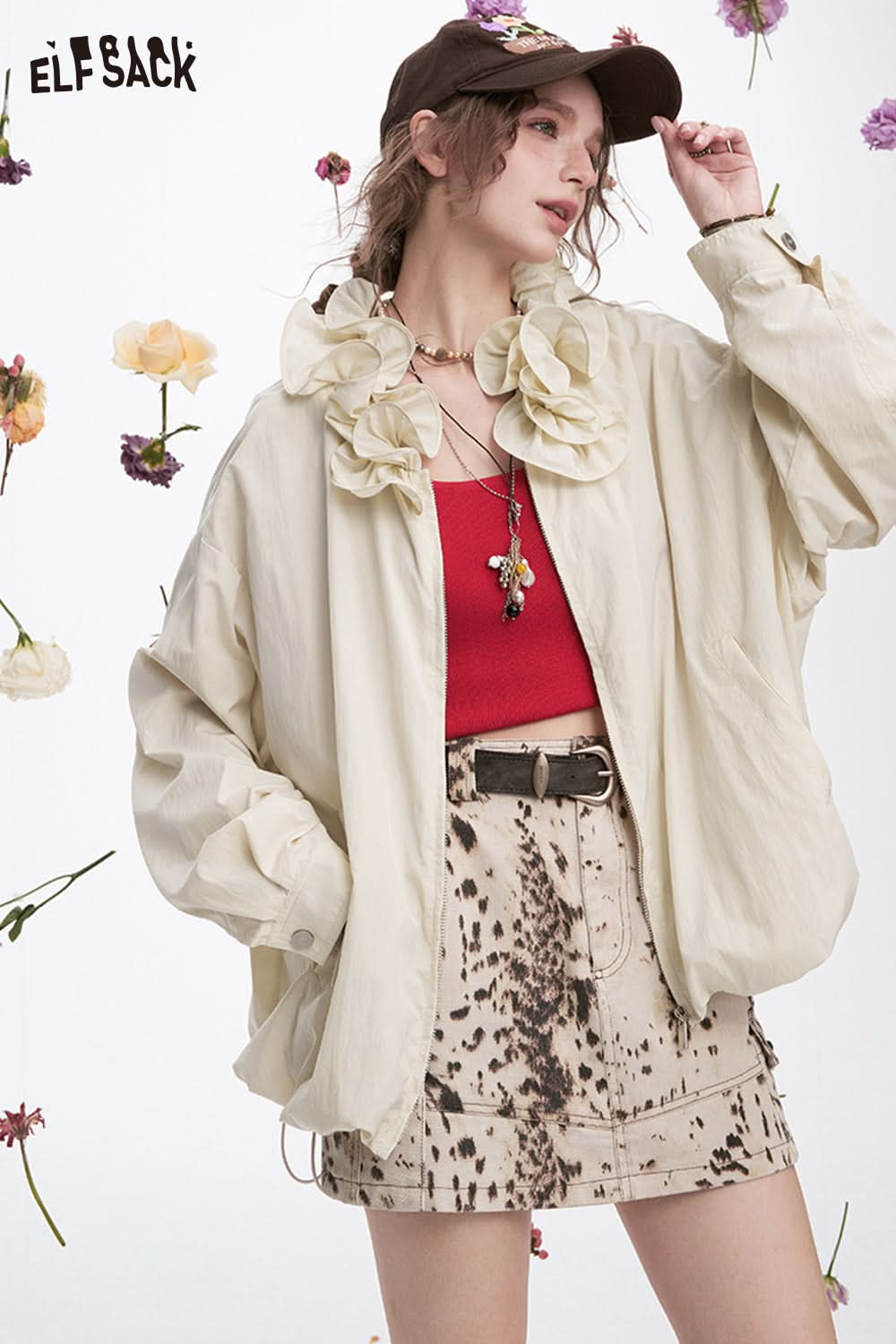 ELFSACK Y2K Ruffles Collar Casual Loose Jacket Women Sweet Solid Long Sleeve Tops