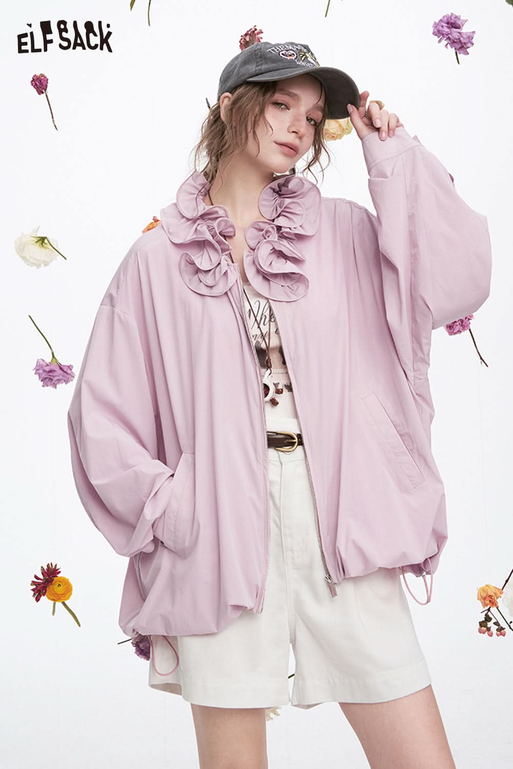 ELFSACK Y2K Ruffles Collar Casual Loose Jacket Women Sweet Solid Long Sleeve Tops