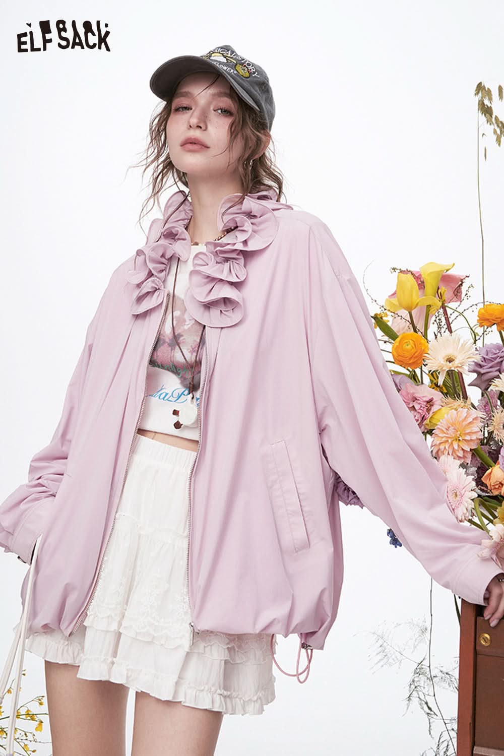 ELFSACK Y2K Ruffles Collar Casual Loose Jacket Women Sweet Solid Long Sleeve Tops