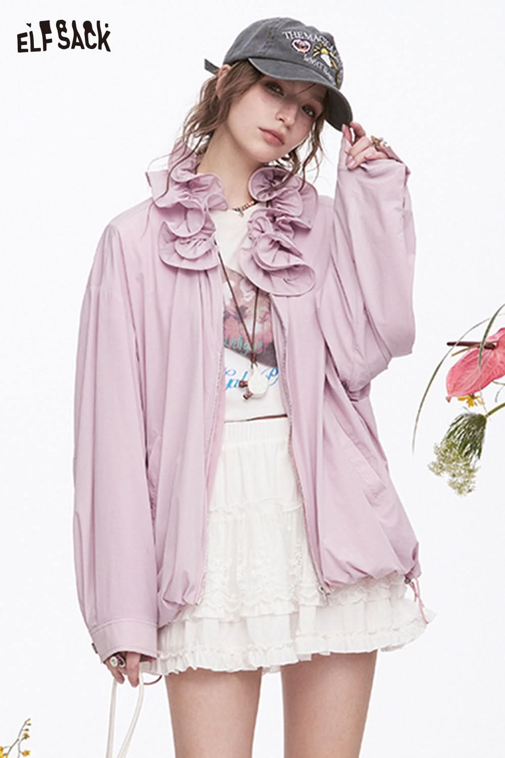 ELFSACK Y2K Ruffles Collar Casual Loose Jacket Women Sweet Solid Long Sleeve Tops