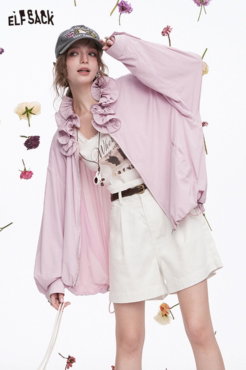 ELFSACK Y2K Ruffles Collar Casual Loose Jacket Women Sweet Solid Long Sleeve Tops