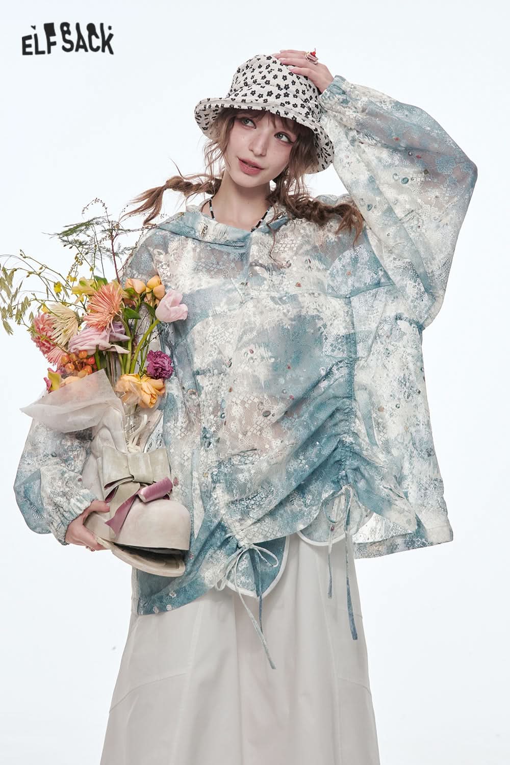 ELFSACK Sweet original printed lace hooded jacket loose pleated tie-dye top