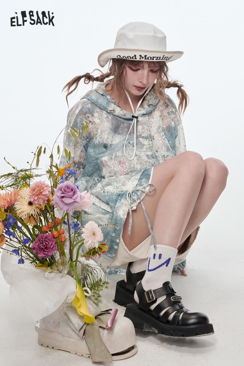 ELFSACK Sweet original printed lace hooded jacket loose pleated tie-dye top