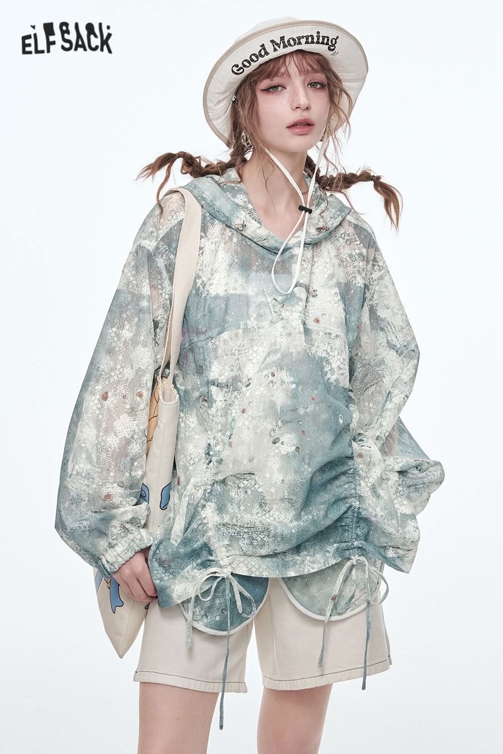 ELFSACK Sweet original printed lace hooded jacket loose pleated tie-dye top