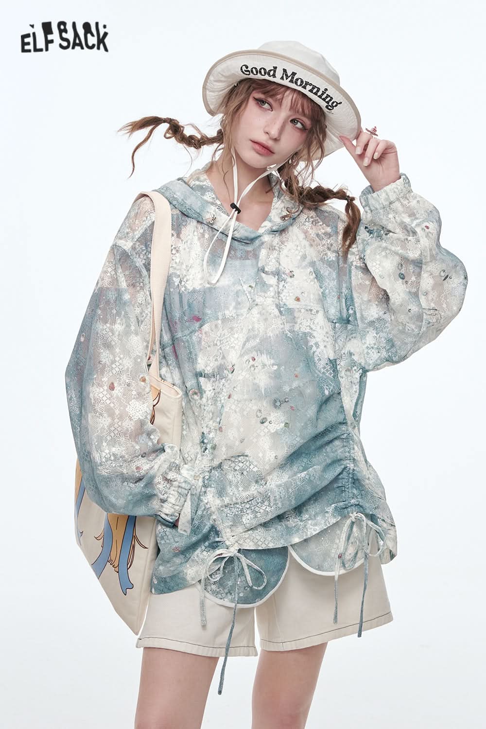 ELFSACK Sweet original printed lace hooded jacket loose pleated tie-dye top