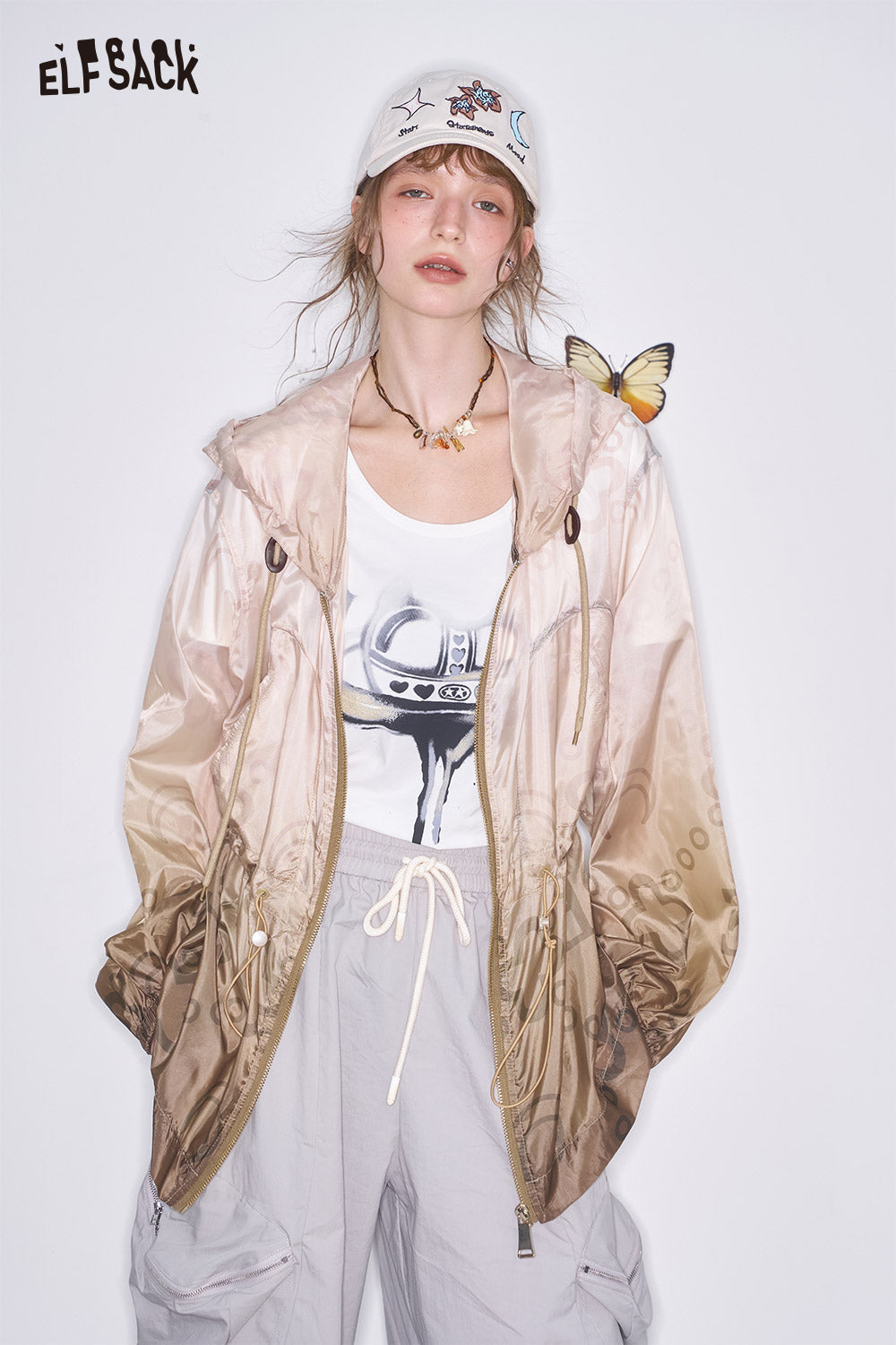 ELFSACK Gradient outdoor hooded jacket, casual retro and relaxed top