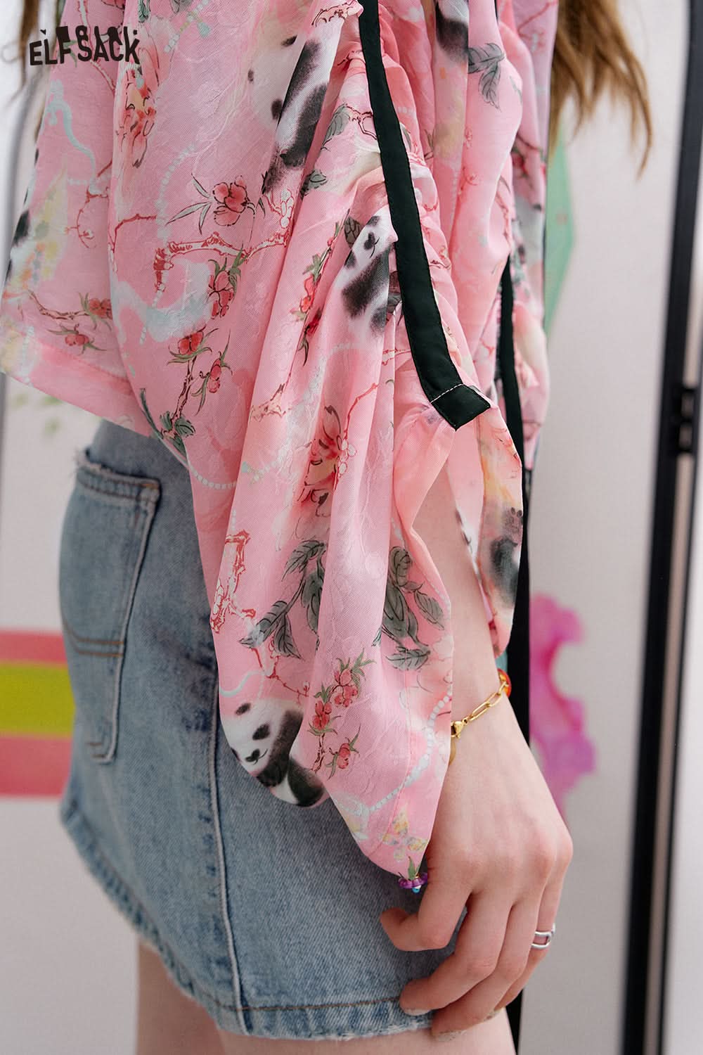 ELFSACK Panda print satin lace up shirt heavy-duty pleated cardigan