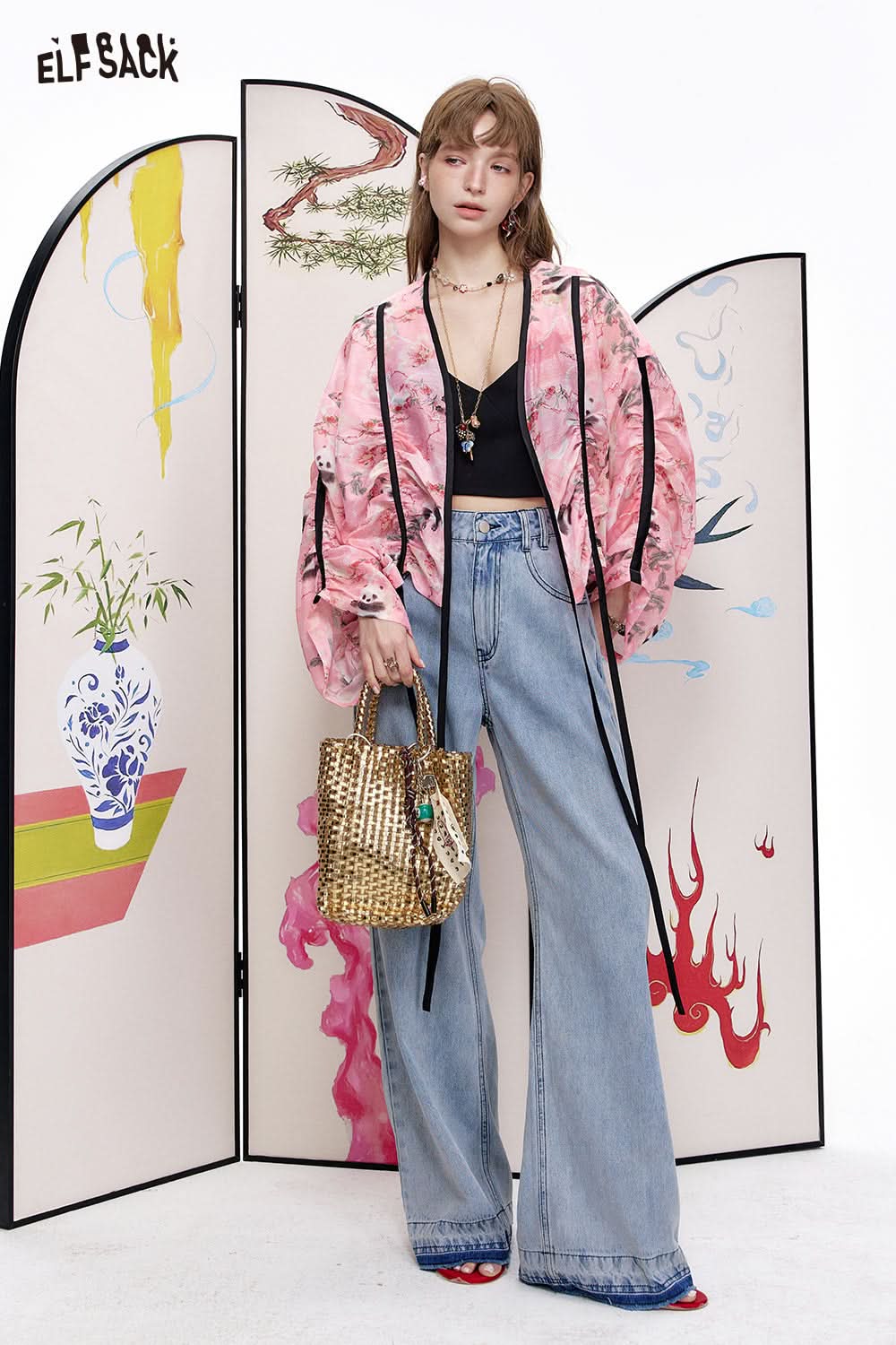 ELFSACK Panda print satin lace up shirt heavy-duty pleated cardigan