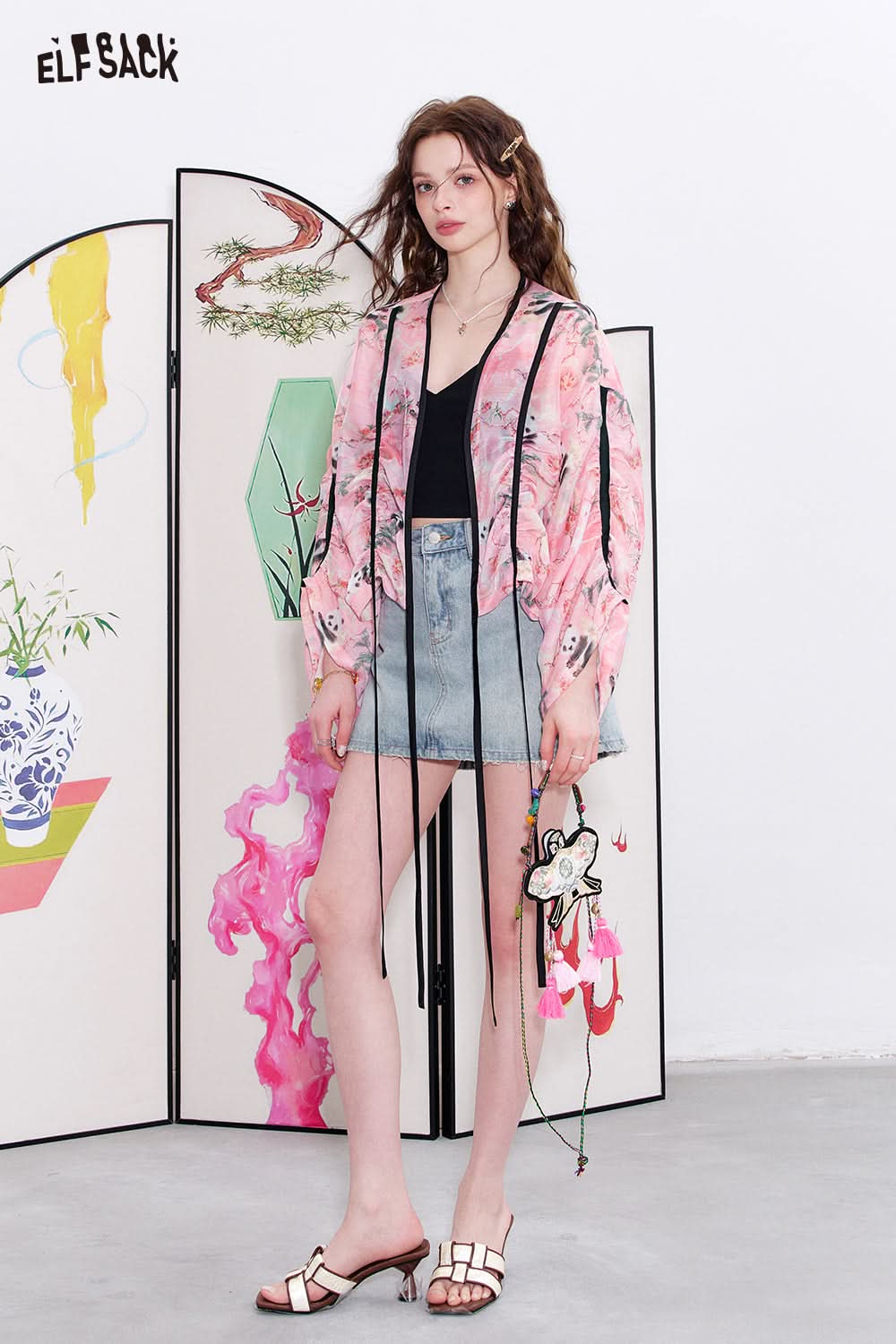 ELFSACK Panda print satin lace up shirt heavy-duty pleated cardigan